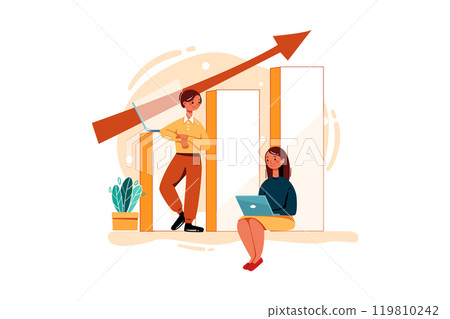 Male And Female Employees Working On Sales Growth Male And Female Employees Working On Sales Growth 119810242