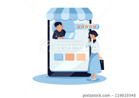 People Giving 5 Stars Rating For Online Review. People character with giving 5 stars rating for customer feedback concept People Giving 5 Stars Rating For Online Review. People character with giving 5 stars rating for customer feedback concept 119810348