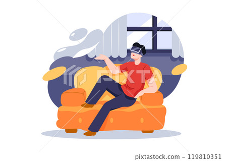 Man sitting on sofa at home wearing Virtual Reality headset 119810351