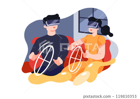 A young man and woman in casual clothes playing racing game using virtual reality headset A young man and woman in casual clothes playing racing game using virtual reality headset 119810353