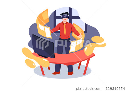 Virtual reality technology in industry 4.0. Business man suit wearing VR glasses to see AR service Virtual reality technology in industry 4.0. Business man suit wearing VR glasses to see AR service 119810354