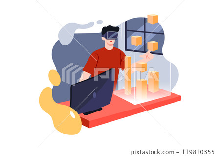 Computer science engineer wearing Virtual Reality headset works with 3D model hologram visualization Computer science engineer wearing Virtual Reality headset works with 3D model hologram visualization 119810355