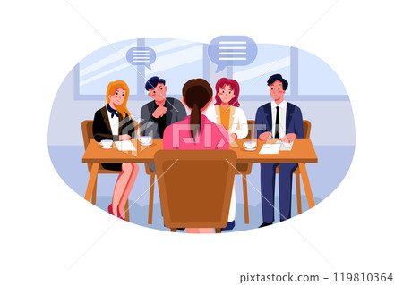 Woman during a job interview and four elegant members of management 119810364