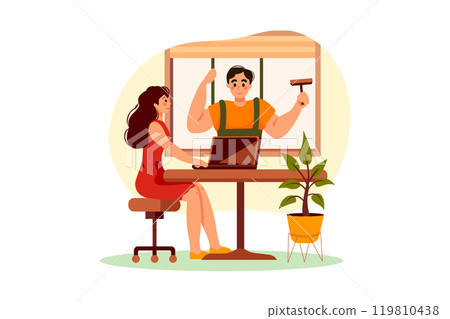 The cleaning man wiping the window is greeting to the girl 119810438
