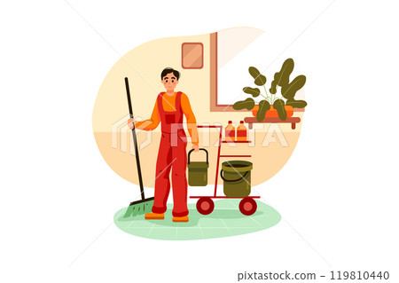 The cleaning workers are on duty ironing and cleaning floor 119810440