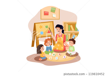 Playschool Teacher Teaching To Kids Playschool Teacher Teaching To Kids 119810452