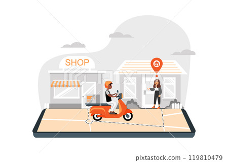 Ready for pickup. Delivery shop at home with motorcycle transport on mobile Ready for pickup. Delivery shop at home with motorcycle transport on mobile 119810479