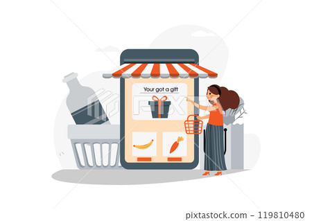 Online Groceries Buying. Woman receiving a gift box from a smartphone Online Groceries Buying. Woman receiving a gift box from a smartphone 119810480