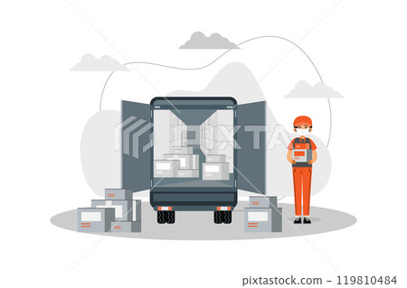 Medical Equipment Delivery. Delivery courier man with medical protective mask on his face holding package with delivery truck Medical Equipment Delivery. Delivery courier man with medical protective mask on his face holding package with delivery truck 119810484