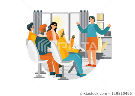 Interview. Woman during a job interview and four elegant members of management Interview. Woman during a job interview and four elegant members of management 119810496