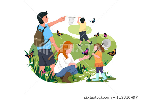 Family Catching Butterflies. A composition with young parents, children, son and daughter having fun together. Family catching butterflies with nets 119810497