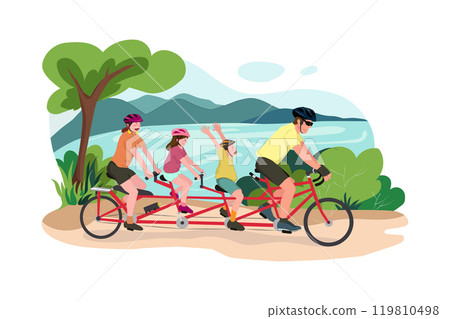 Family Riding A Tandem Bicycle 119810498