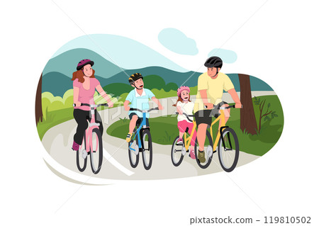 Father Siblings Mother With Toddler Riding Bicycles. Flat vector illustration on father, siblings, mother with toddler riding bicycles. Family sport and recreation concept design 119810502