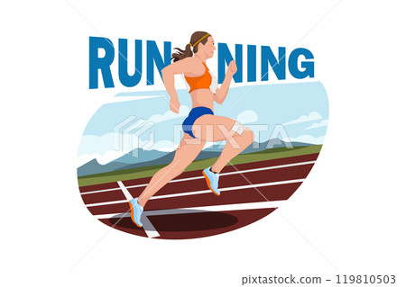 Girl Jogging. Girl athlete in tracking clothes running with typography running words in the background 119810503