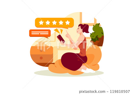 People Giving 5 Stars Rating For Online Review. People character with giving 5 stars rating for customer feedback concept 119810507
