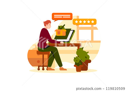 Online Store Need Rating And Review. Man giving rating and review of delivery items while sitting on the desk and working on laptop Online Store Need Rating And Review. Man giving rating and review of delivery items while sitting on the desk and working on laptop 119810509