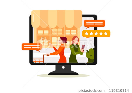 Online Shopping Review. Huge Monitor with People Make Online Shopping. Characters Buying in Store, Woman Put 5 Stars Rating Online Shopping Review. Huge Monitor with People Make Online Shopping. Characters Buying in Store, Woman Put 5 Stars Rating 119810514