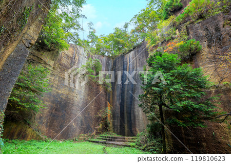 Autumn leaves and stone wall 119810623