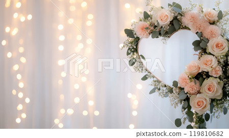 beautiful heart shaped floral arrangement with soft pink roses and white flowers, set against backdrop of warm bokeh lights, perfect for weddings or romantic events beautiful heart shaped floral arrangement with soft pink roses and white flowers, set against backdrop of warm bokeh lights, perfect for weddings or romantic events 119810682