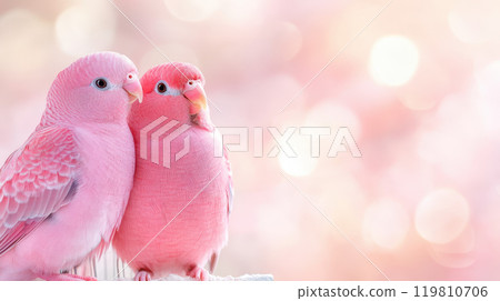 Two pink birds sitting closely together, showcasing their vibrant colors and affectionate bond against soft, blurred background 119810706