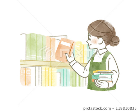 穿著圍裙的女人將書放入書架或從書架上取出 — 水彩 119810833