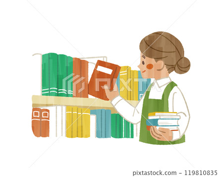 一位穿著圍裙的女士將書放入書架,再從書架上取出——Gash 一位穿著圍裙的女士將書放入書架,再從書架上取出——Gash 119810835