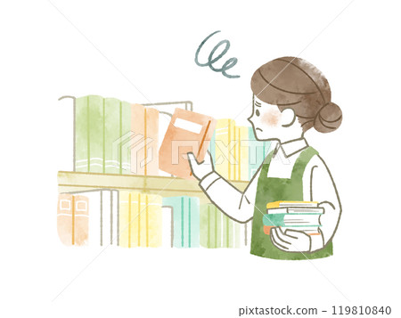 一個穿著圍裙的女人帶著困惑的表情將書放入書架放入書架中 — 水彩 一個穿著圍裙的女人帶著困惑的表情將書放入書架放入書架中 — 水彩 119810840