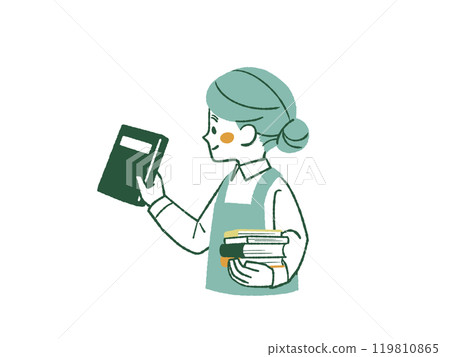 A woman wearing an apron and holding a book with a smile - 4 colors 119810865