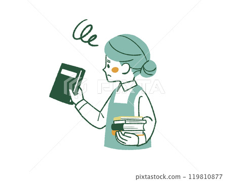 A woman wearing an apron holding a book with a troubled expression - 4 colors 119810877