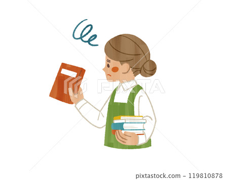 A woman wearing an apron holding a book with a troubled expression - Gouache 119810878