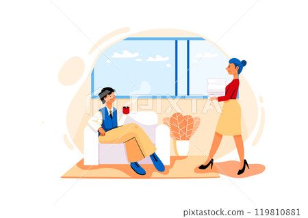 Director Room illustration concept. The secretary took lots of documents and walked into the director's room while he was drinking coffee 119810881