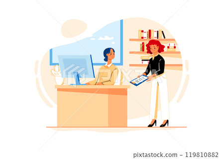 Employee enters the room and gives the contract. An employee enters the room and gives the contract paper or document to the manager Employee enters the room and gives the contract. An employee enters the room and gives the contract paper or document to the manager 119810882