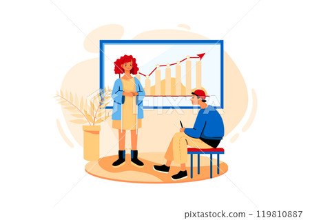 Revenue Analytics. An employee presenting a project to a colleague in a meeting room with a development chart 119810887
