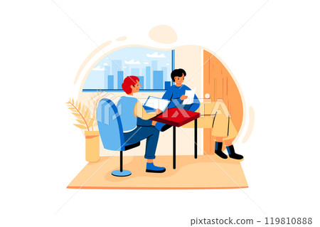 Two employees are working hard in the closed-door office 119810888