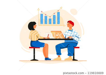 Businessman showing company growth to employee. An employee listened attentively to the director's presentation, Director presentations along with statistics Businessman showing company growth to employee. An employee listened attentively to the director's presentation, Director presentations along with statistics 119810889