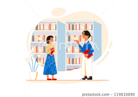 Colleague flirting with lady employee in the office. The female employee is entering the library, In the library was a guy standing by the bookcase and flirting with her Colleague flirting with lady employee in the office. The female employee is entering the library, In the library was a guy standing by the bookcase and flirting with her 119810890