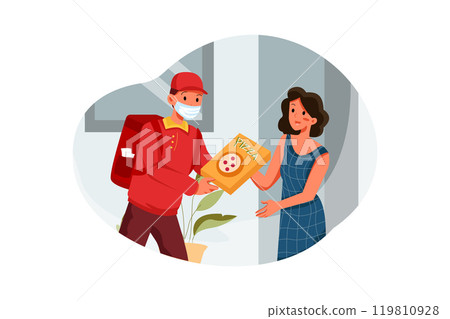 Delivery man deliver package on a scooter Delivery man deliver package on a scooter 119810928