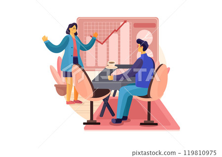 Startup team discussing growth report 119810975