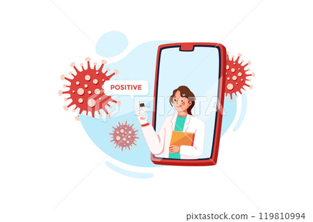 Doctor epidemiologist on mobile screen holding blood sample test Doctor epidemiologist on mobile screen holding blood sample test 119810994