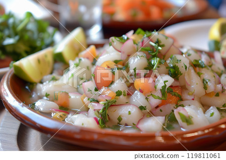 Fresh ceviche served with lime wedges and garnished with cilantro. 119811061
