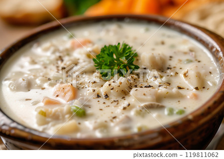 Delicious clam chowder served in a rustic bowl with fresh herbs and spices. 119811062