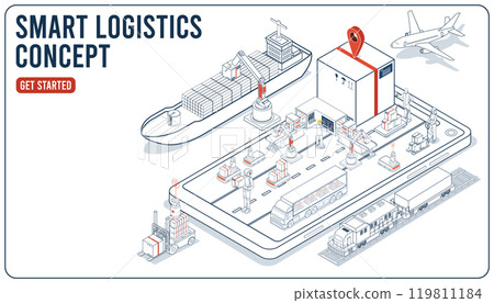 Smart logistics combines warehouse management and IoT transportation to optimize supply chain operations concept. Vector illustration eps10 119811184