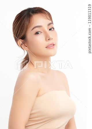 Beautiful young asian woman with clean fresh skin on white background, Face care, Facial treatment, Cosmetology, beauty and spa, Asian women portrait. 119811319