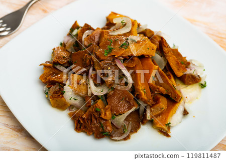 Delicious salted mushrooms with onions and dill Delicious salted mushrooms with onions and dill 119811487