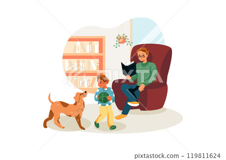Man reading a book while his kid playing with the dog 119811624
