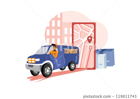 Delivery Person following address route in maps in smartphone for delivering the parcel Delivery Person following address route in maps in smartphone for delivering the parcel 119811743