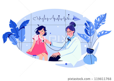 Female pediatrician carrying out the auscultation of a little girl with stethoscope Female pediatrician carrying out the auscultation of a little girl with stethoscope 119811768