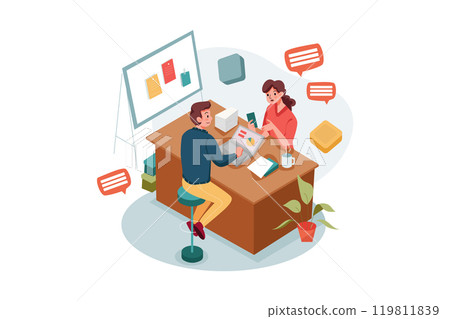 Male and female marketing employees doing social media marketing 119811839