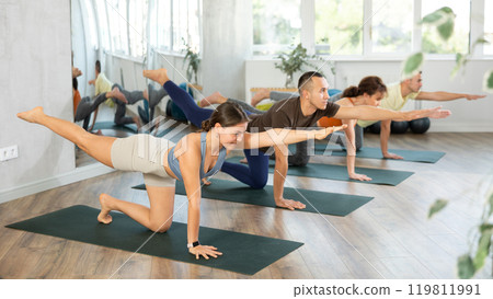 Lovers of active lifestyle on yoga mat perform doing Dandayamana Bharmanasana in gym 119811991