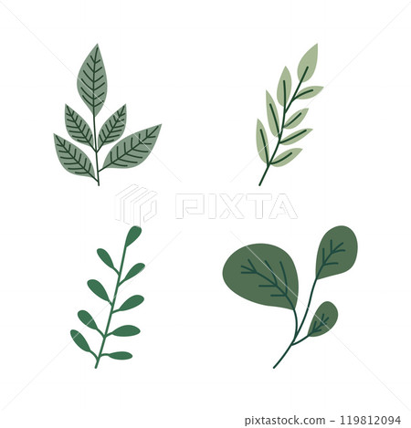 Element Set of Green Leaf Leaves Foliage Fresh Natural Nature Plant 119812094